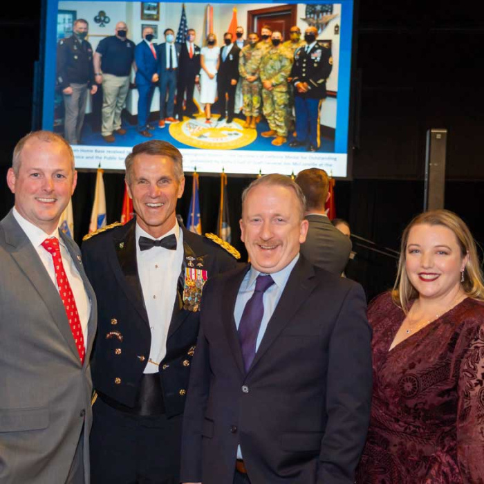 Hanscom FCU Chief Strategy Officer Dan Ziniti General ret Richard D. Clarke Hanscom FCU President and CEO Peter Rice and Hanscom FCU Social Responsibility Manager Laura Mooney at the Home Base Dinner