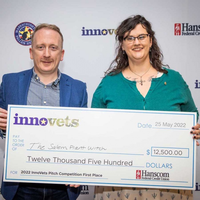 Hanscom FCU President and CEO Peter Rice with first-place InnoVets Competition winner Lauren Ayube of The Salem Plant Witch