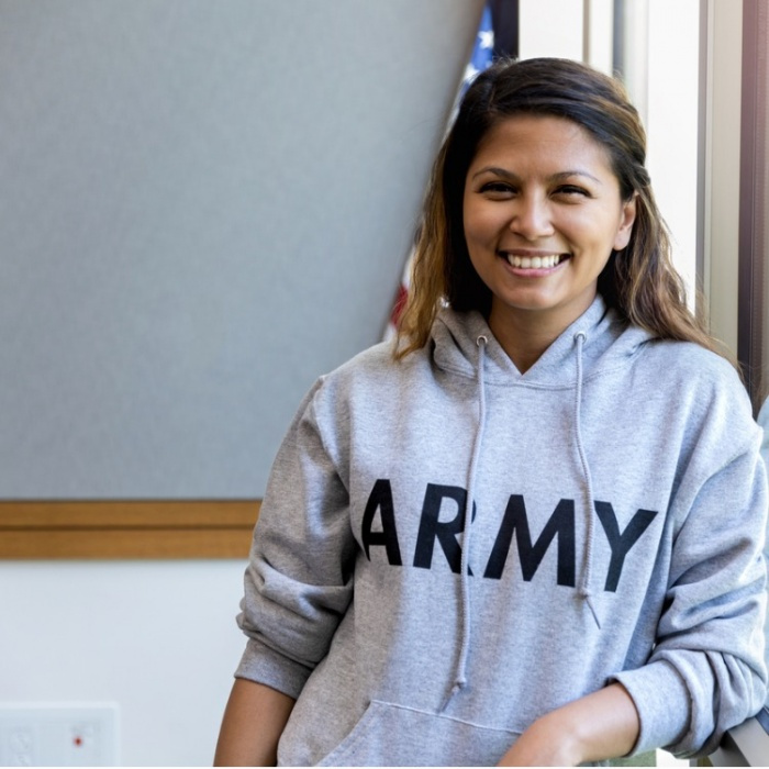 woman in Army hoodie